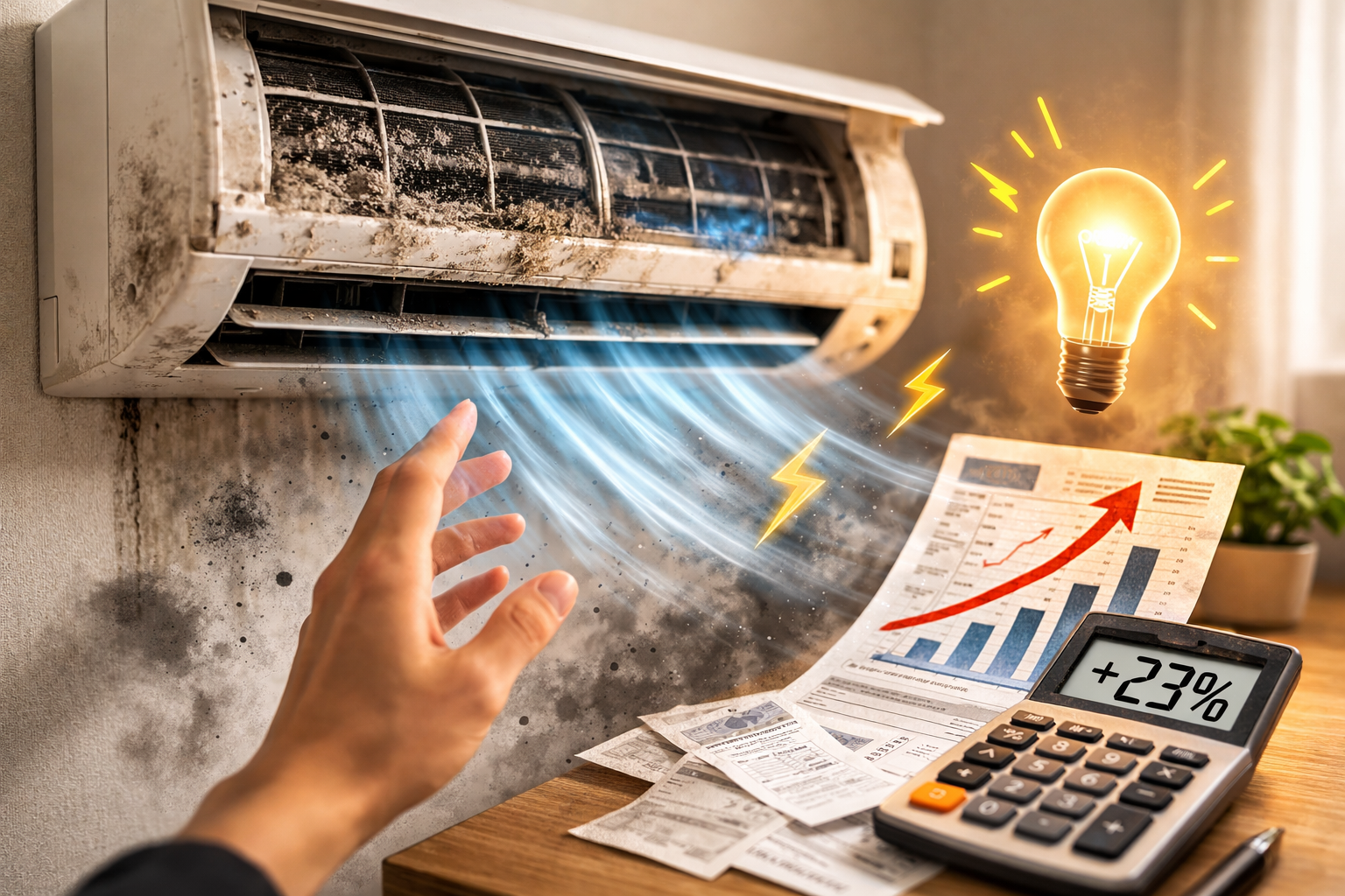 エアコン掃除と電気代上昇の関係を示すイメージ画像