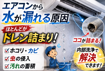 エアコンから水漏れする原因を解説するイメージ