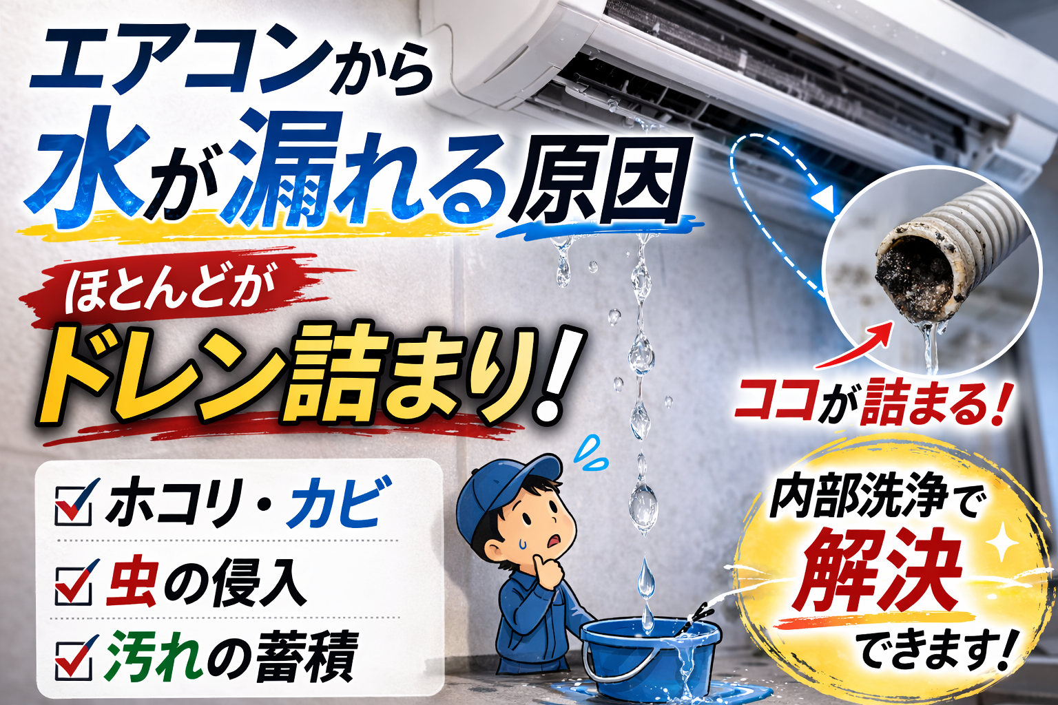 エアコンから水漏れする原因を解説するイメージ